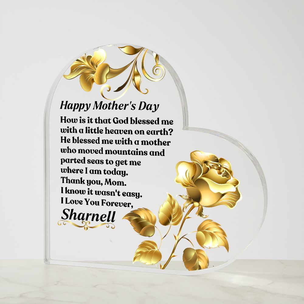 Personalized Mother's Day Heart Shaped Acrylic Plaque With Inspirational Message