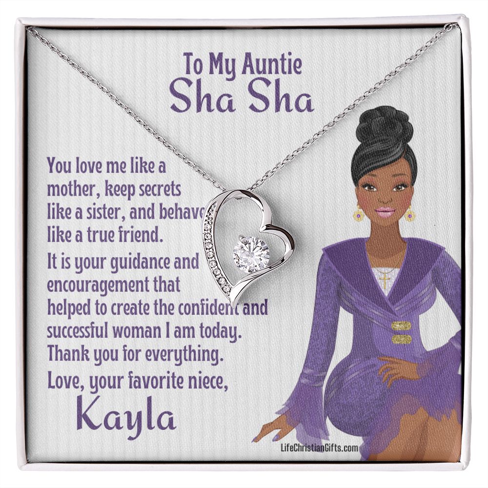 To Auntie CZ Heart Necklace With African American woman on jewelry message card.