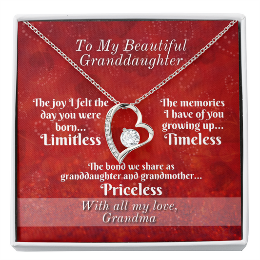 To Granddaughter From Grandmother - Heart Necklace - Limitless, Timeless, and Priceless Message Card