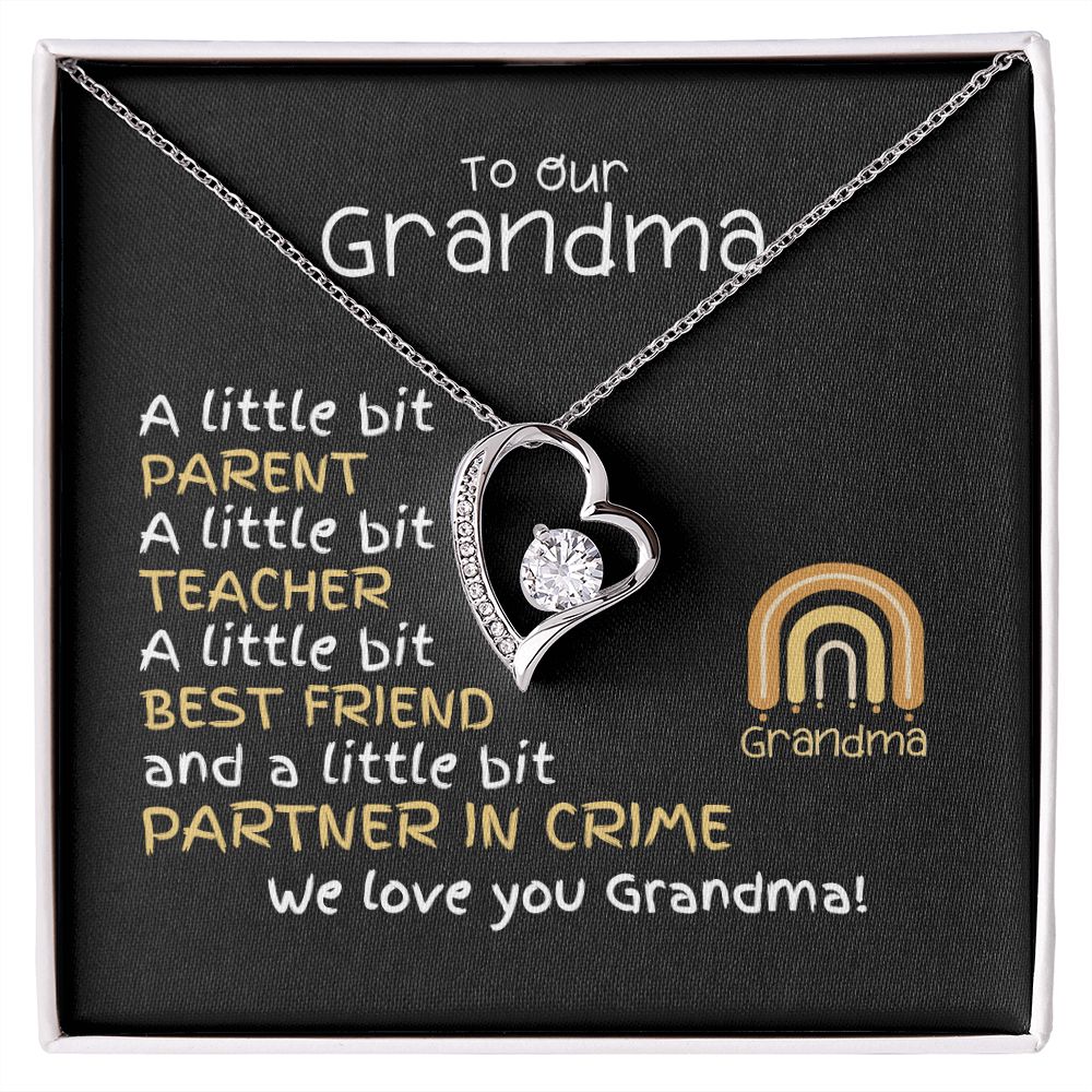 To our grandma from grandkids forever love cubic zirconia heart necklace with message card and oreo gift box. Message card has children rainbow and cute message.