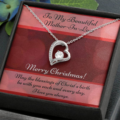 My Beautiful Mother-In-Law Christmas Card And Cubic Zirconia Heart Necklace and Gift Box