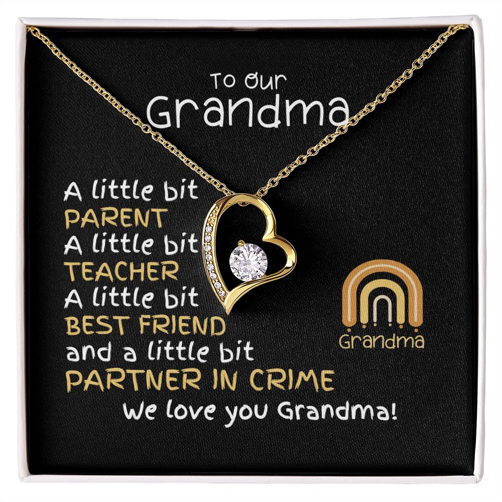 To our grandma from grandkids forever love cubic zirconia 18k gold filled heart necklace with message card and oreo gift box. Message card has children rainbow and cute message.