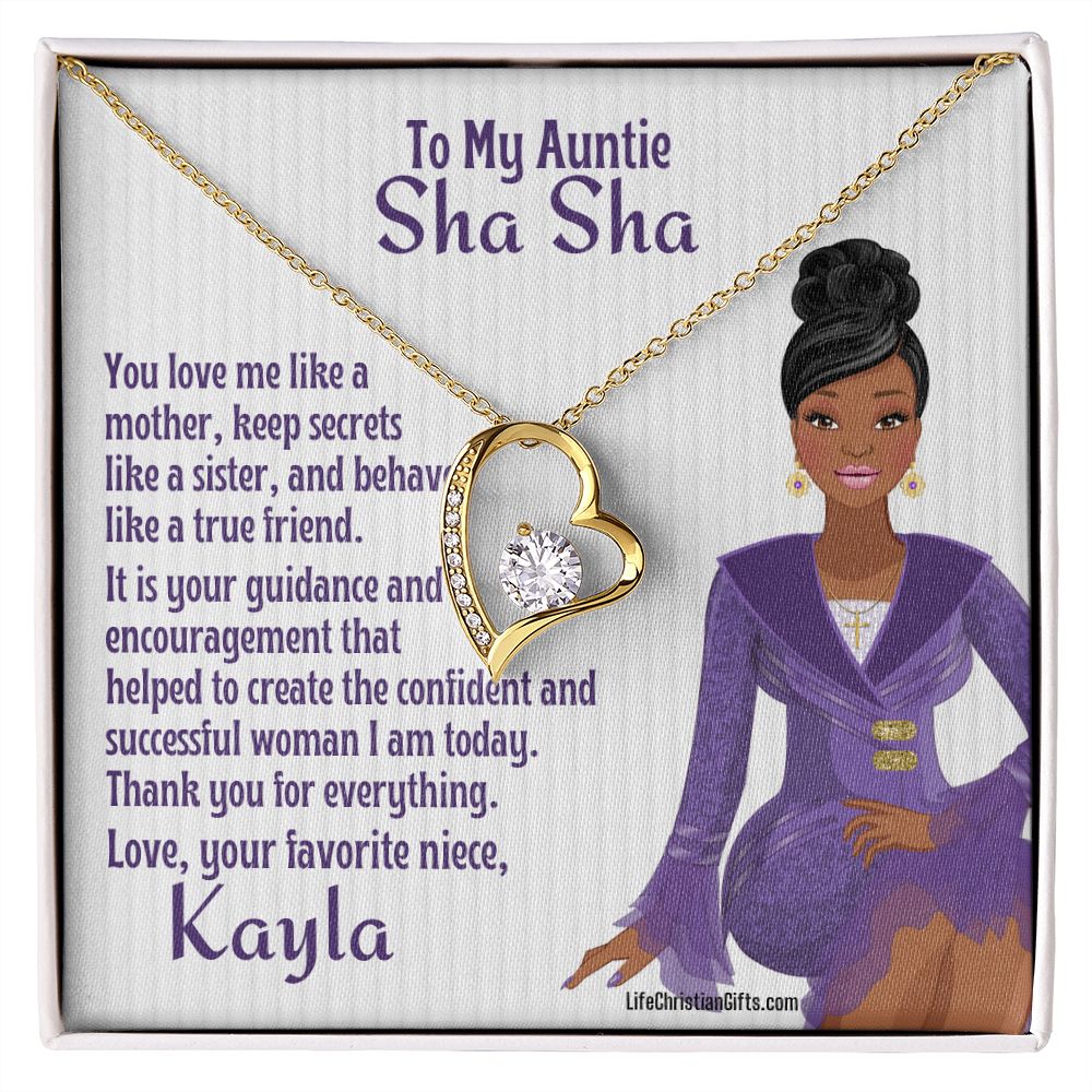 To Auntie CZ Gold Filled Heart Necklace With African American woman on jewelry message card.