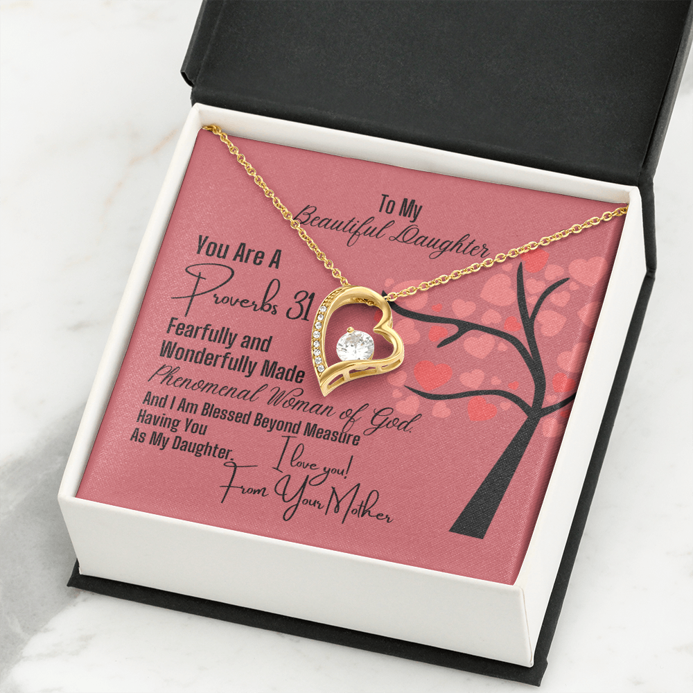 To Daughter From Mother - Heart Necklace and Proverbs 31 Message Card