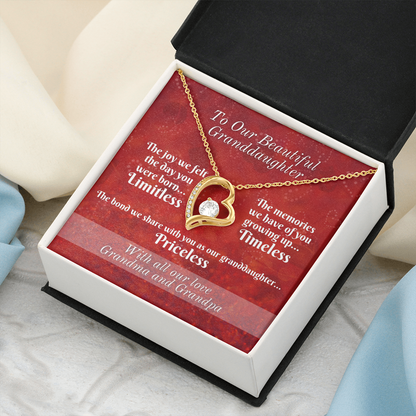 To Granddaughter From Grandparents - Heart Necklace and Limitless, Timeless, and Priceless Message Card
