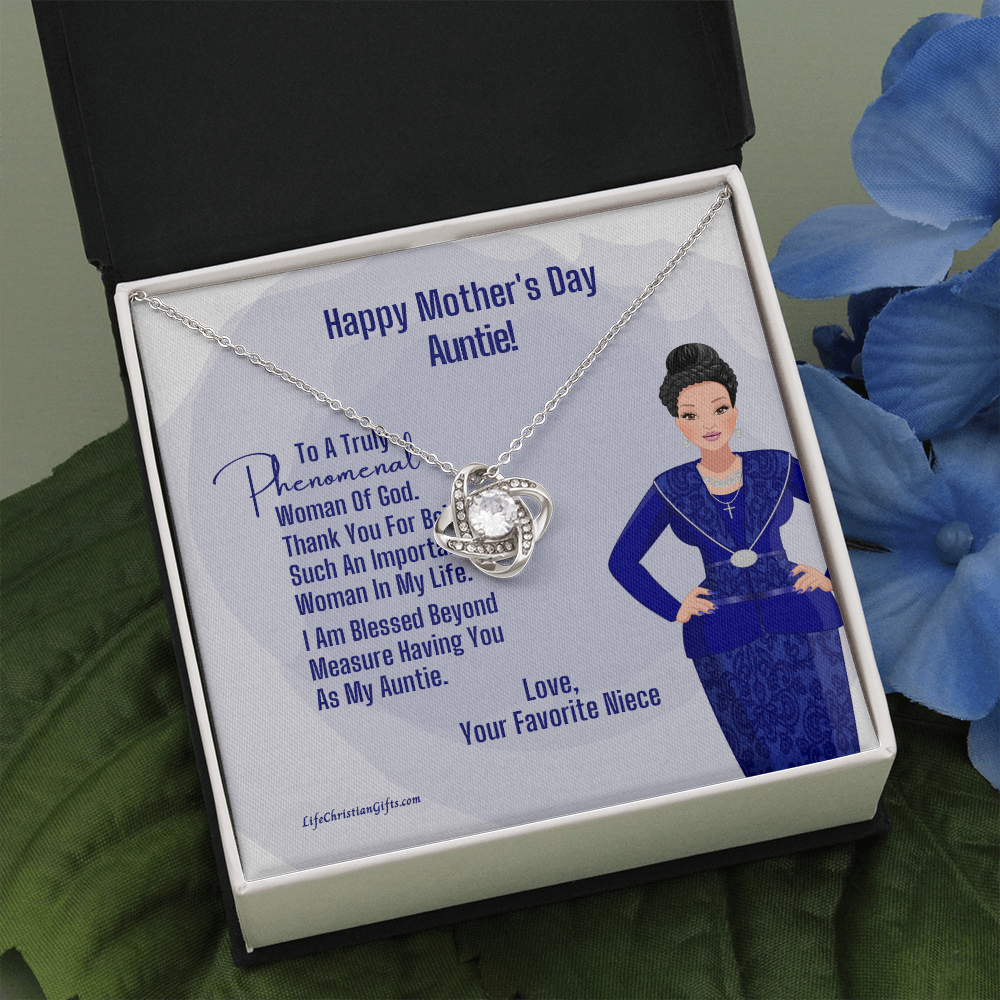 Love Knot Necklace To Auntie For Mother's Day Gift, Phenomenal Woman Jewelry Message Card