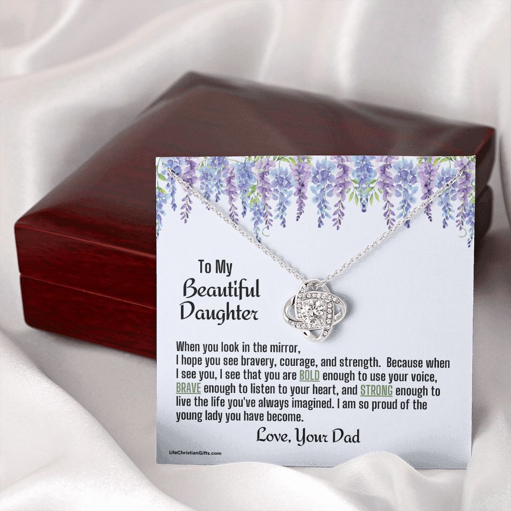 Daughter From Dad Love Knot Necklace | Look In The Mirror Message Card With Purple Flowers