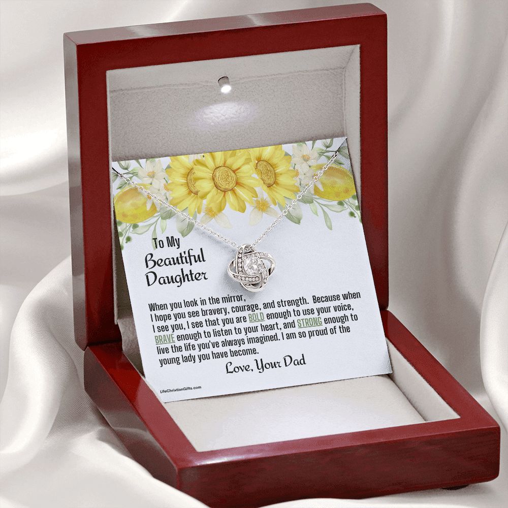 Daughter From Dad Love Knot Necklace | Look In The Mirror Message Card With Yellow Flowers