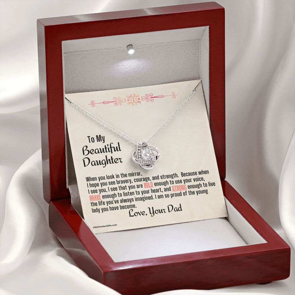 Daughter From Dad Love Knot Necklace | Look In The Mirror Message Card