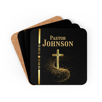 Personalized Pastor coaster set with gold cross