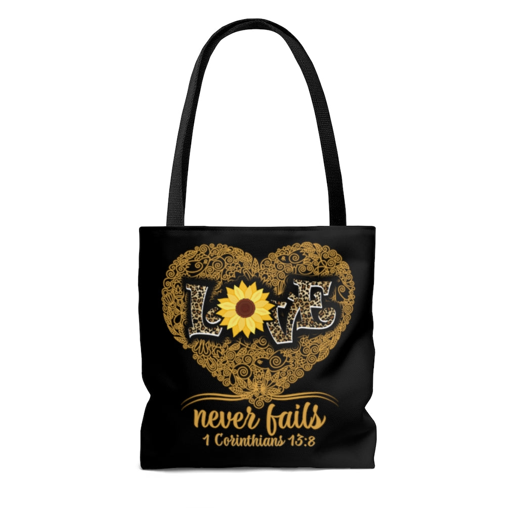 Love Never Fails Leopard Print With Sunflower Christian Bible Verse Tote Bag