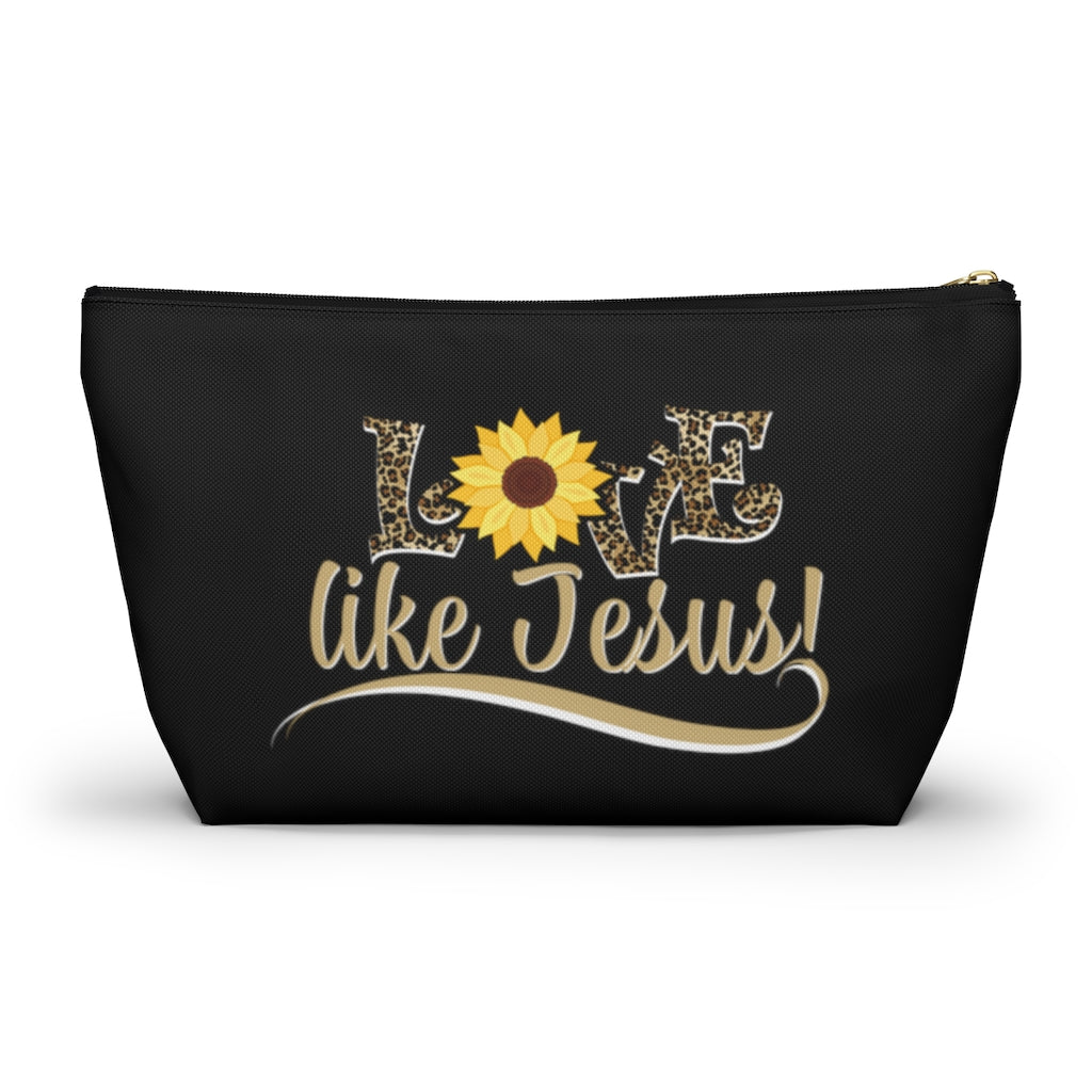 Love Like Jesus Leopard Print With Sunflower Cosmetic Zipper Pouch