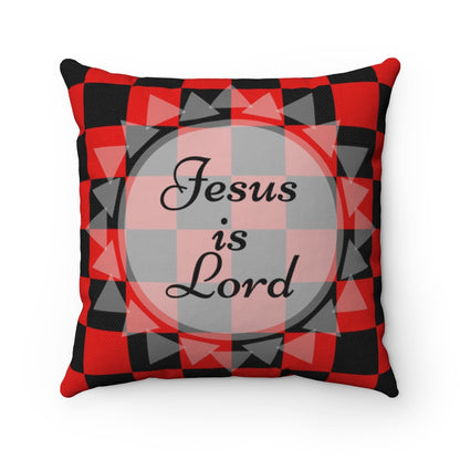 Jesus Is Lord Red and Black Plaid Pillow