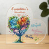 Clear acrylic heart shaped plaque features an image of a watercolor tree with hearts as leaves. Colors of pink, blue, green, orange and teal hearts. Plaque reads Nana's Heartbeats and includes personalization of grandkids names in the color of the tree.