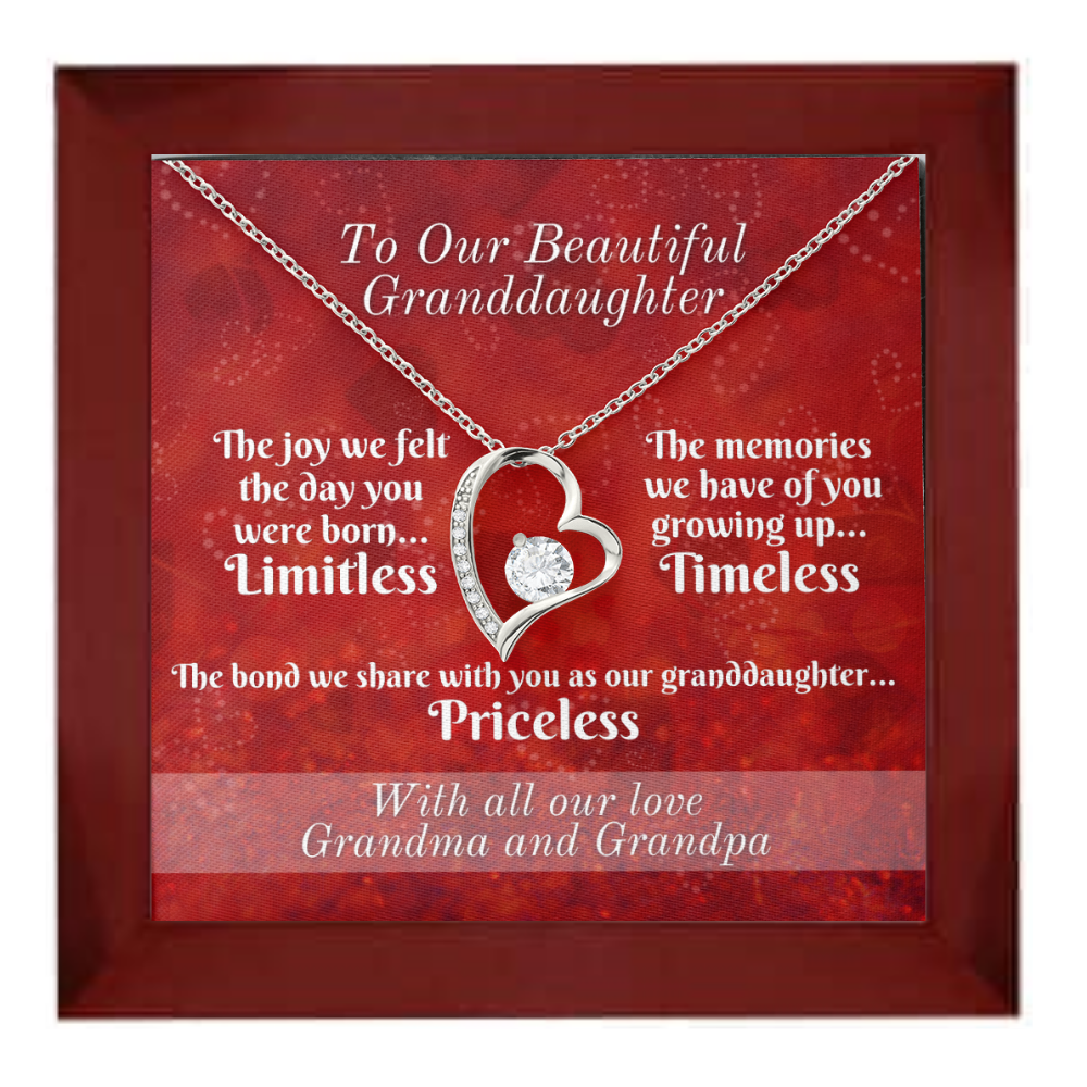 To Granddaughter From Grandparents - Heart Necklace and Limitless, Timeless, and Priceless Message Card